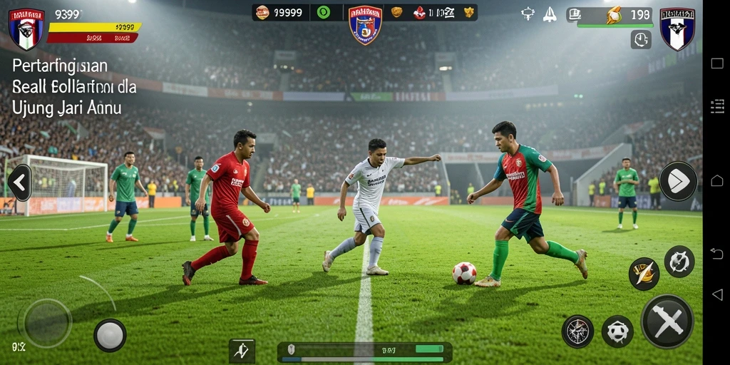 Screenshot gameplay 9399 yang menunjukkan aksi karena pertandingan sepak bola yang mendebarkan.