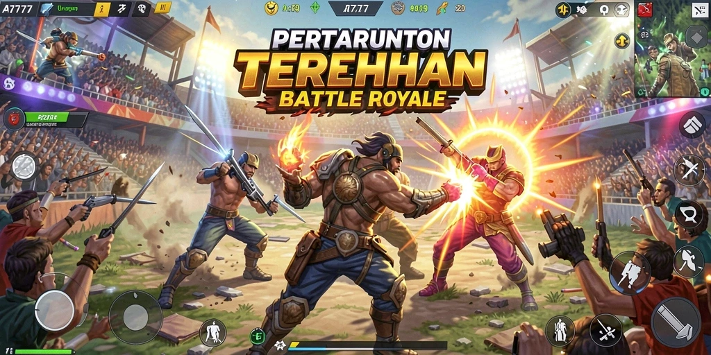Screenshot pertarungan intens dalam permainan Battle Royale A7777.