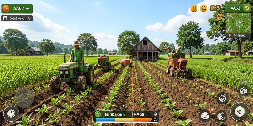 Tampilan gameplay seru di AA62 dengan aktivitas pertanian yang menyenangkan.