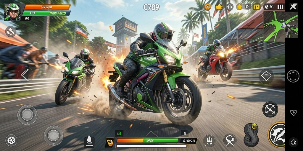 Tampilan gameplay C789 yang memukau saat balapan motor.