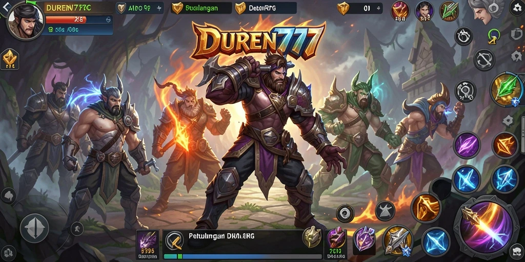 Screenshot gameplay DUREN777 menampilkan pertarungan epik dan karakter yang luar biasa.