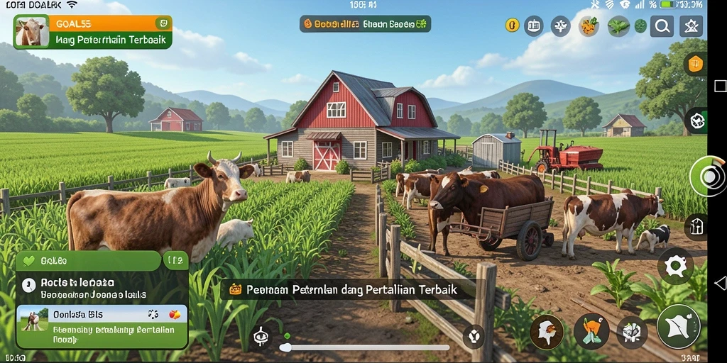 Screenshot gameplay GOAL55 menampilkan kebun yang indah dan beragam tanaman.