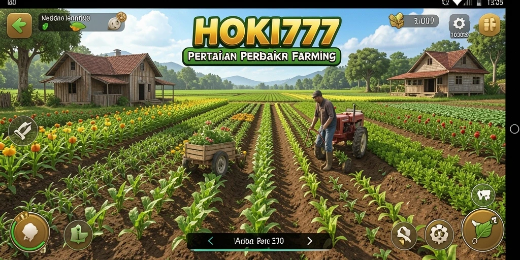 Tampilan gameplay HOKI777 dengan ladang yang subur dan hewan ternak.