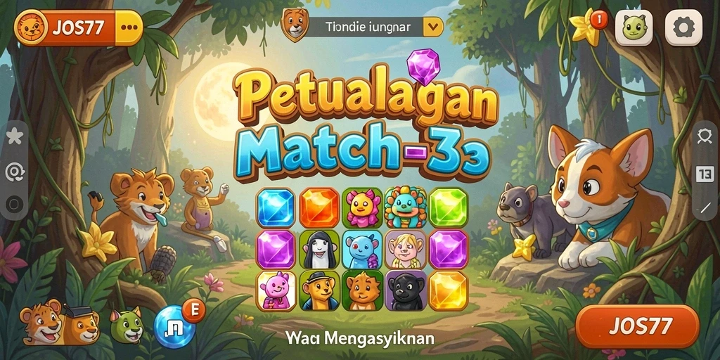 Screenshot menunjukkan gameplay Match-3 yang menarik dan penuh warna.