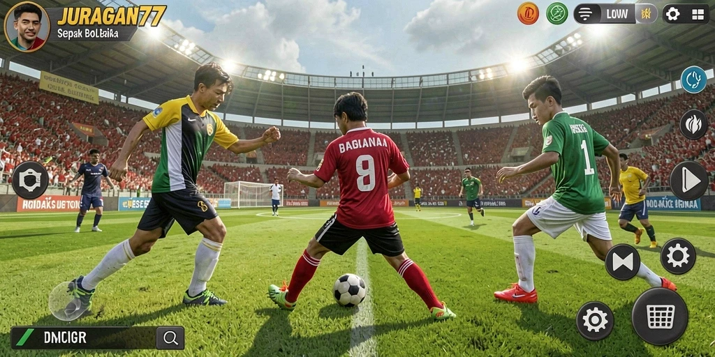 Tampilan gameplay JURAGAN77 yang mendebarkan, penuh aksi sepak bola.
