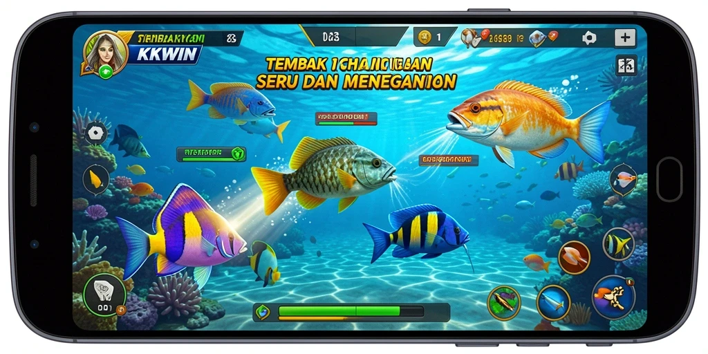 Tampilkan gameplay seru KKWIN dengan aksi menembak ikan.