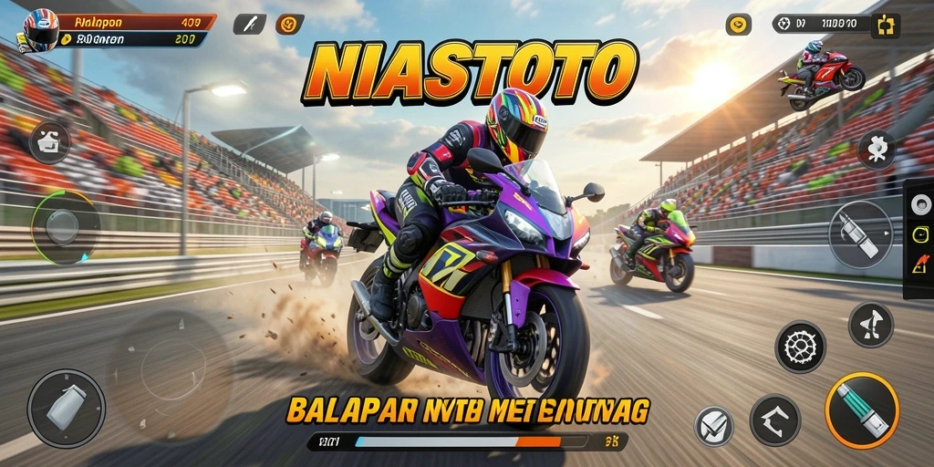 Screenshot gameplay NIASTOTO yang menunjukkan aksi balapan motor yang intens.
