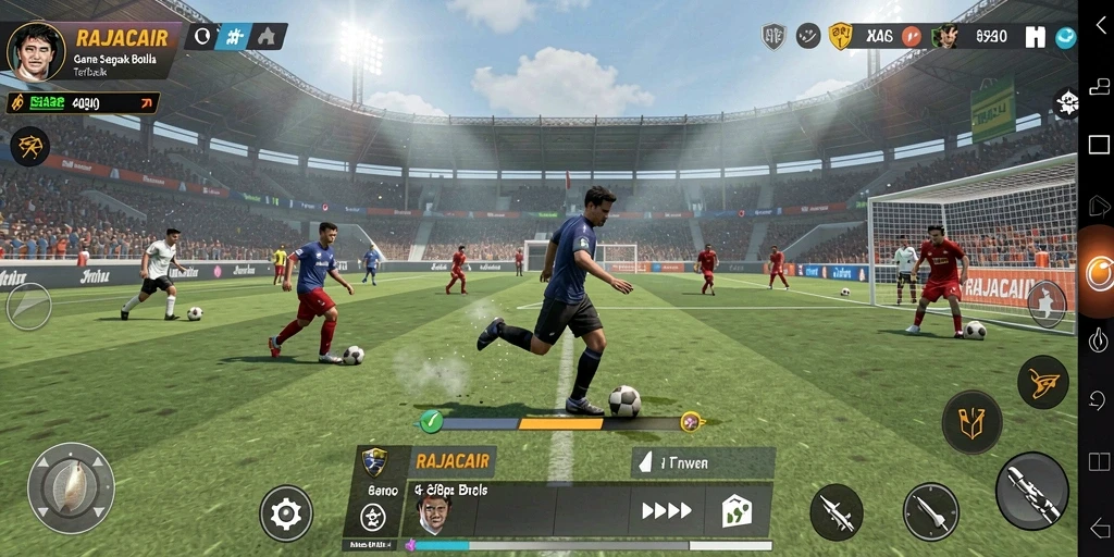 Tampilan gameplay seru dalam RAJACAIR yang menampilkan aksi sepak bola.