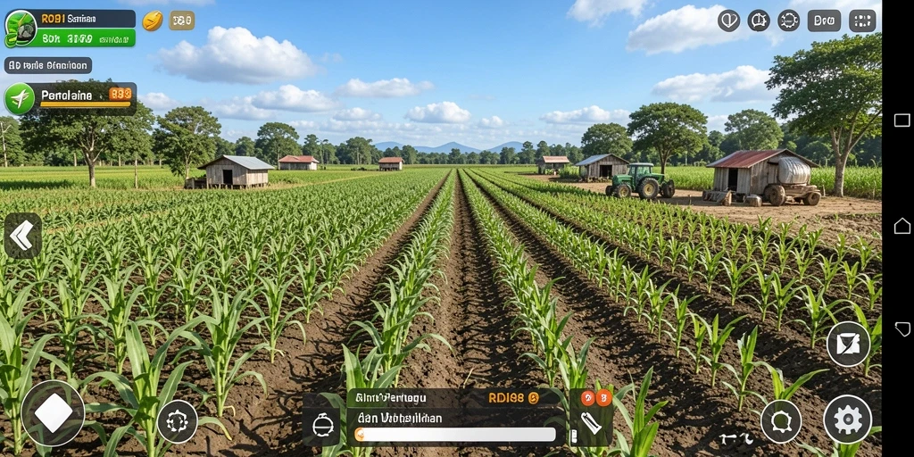 Tampilan gameplay <strong>RDI88</strong> menunjukkan kebun yang subur dan hewan ternak yang lucu.
